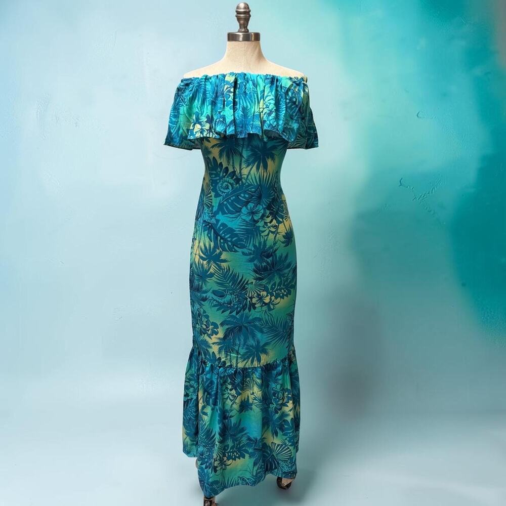 Hawaiian Muumuu Dress: Tropical Floral Off-Shoulder Ruffle Maxi Size Small